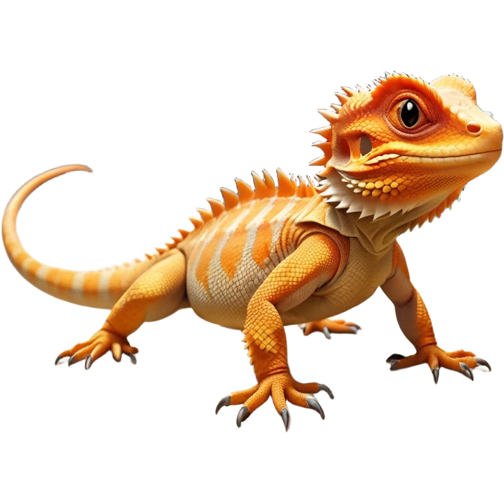 cinematic-bearded-dragon-realistic-full-body-standing on all fours-emoji,-rough-scaled-body-balanced-on-strong-legs,-spiky-throat-slightly-flared,-head-tilted-dramatically,-warm-orange-and-brown-patterns-glowing-under-the-sun,-simplified-yet-realistic-focused-features,-highly-detailed,-glowing-with-an-almost-sarcastic-glow emoji
