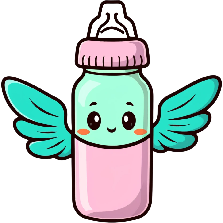 flying baby bottle with milk, wings, cartoon style emoji