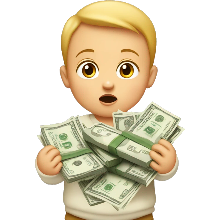 A surprised baby holding loads of money emoji