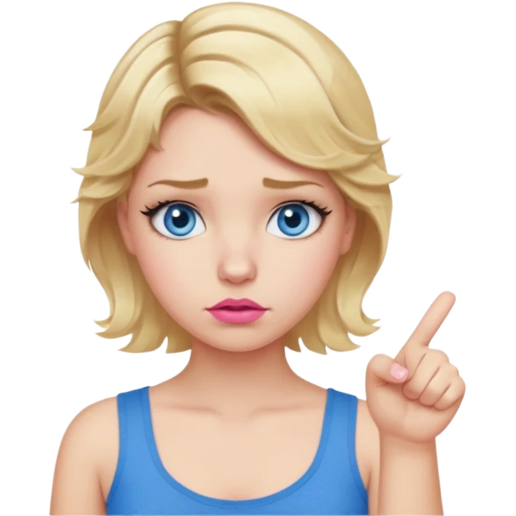 Girl Blonde short wavy hair,  blue eyes, cute blue top, long lashes, pink lips, showing thumbs down 👎  emoji