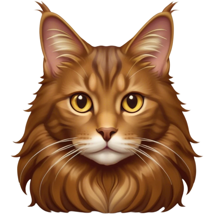 Cinematic Brown Maine Coon Cat Portrait Emoji, Elegant and alert, sleek brown and gold tones with hints of deep auburn, Simplified yet sharp features, highly detailed, glowing with a warm, confident glow, high shine, intelligent and poised with an air of wisdom, stylized with an air of grace, focused and attentive with a calm, old soul expression, soft glowing outline, capturing the essence of experience and majesty, so lifelike it feels as though it could spring into motion at any moment, radiating wisdom and grace. emoji