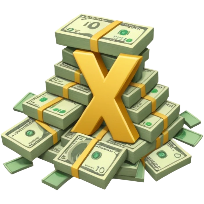 start with a 3d number 10, and 3d letter x, "10x", then to its right, a cash pile, make bills rectangular, looking like a multiplier of the wad of cash emoji