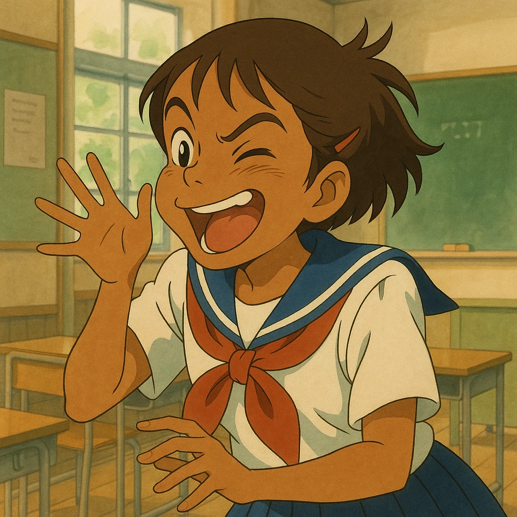 Japanese brown-skinned high school girl in a Tokyo school uniform, giving a quick, sneaky kiss on the cheek to a classmate (not shown), playful and energetic, with a hint of a Japanese classroom in the background, anime style emoji