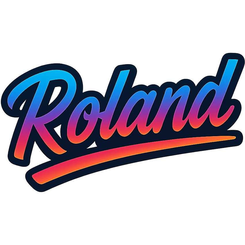 The name 'Roland' in a modern, colorful gradient font with a dark outline, on a transparent background, with the name underlined or partially underlined with a dynamic, slanted underline, in the style of the sample images. emoji