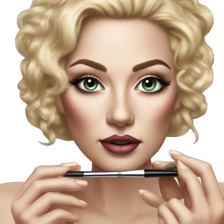Hyper Realistic Beautiful lightly tattooed woman applying make-up in a compact mirror  emoji