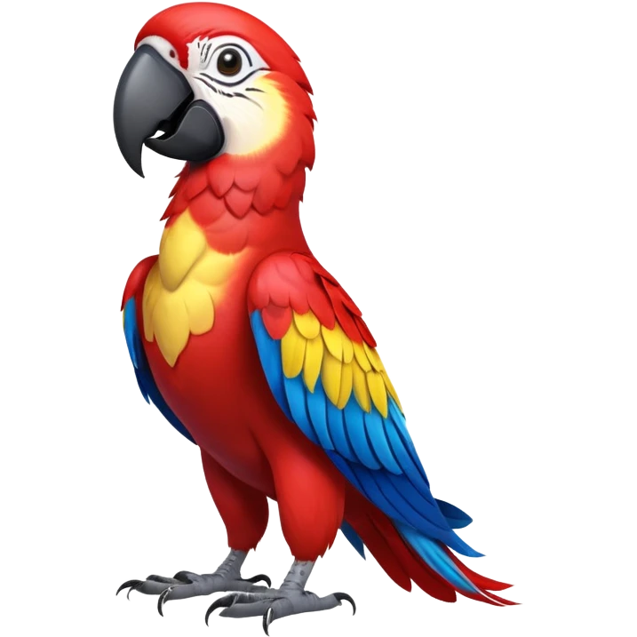 cinematic-macaw-realistic-full-body-standing-emoji,-vibrant-feathers-glowing-with-rich-reds,-blues,-and-yellows,-head-tilted-dramatically,-curved white-beak-gleaming,-piercing-dark-eyes-exuding-confidence,-simplified-yet-realistic-focused emoji
