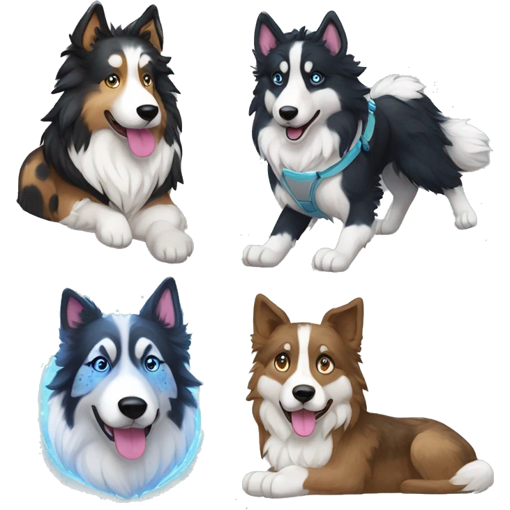  Black spotted brindle fluffy collie husky blue eyes fluffy ears and holographic harness running emoji