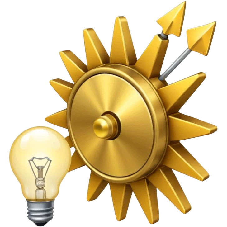 a gear with golden raising arrow behind it on the right side, and then a small golden beaming light bulb on the left side emoji