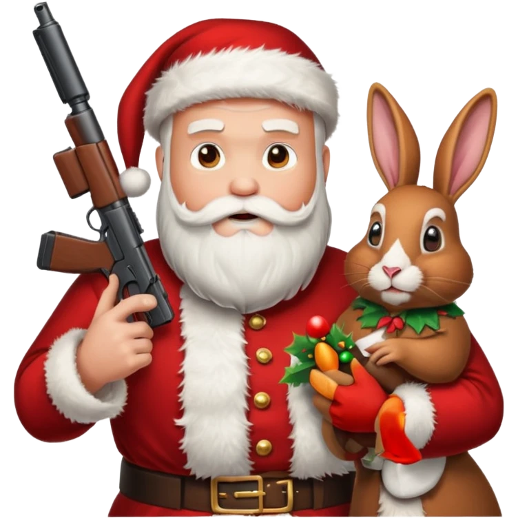 Santa holding a gun shooting a turkey and rabbit emoji