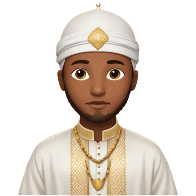 Muslim Black man of West African origin, deep brown skin, dressed in a white bazin riche with embroidery, kufi cap, standing in a warm sunset atmosphere, calm and spiritual look, photo realistic, cinematic lighting, 4K, high detail. emoji
