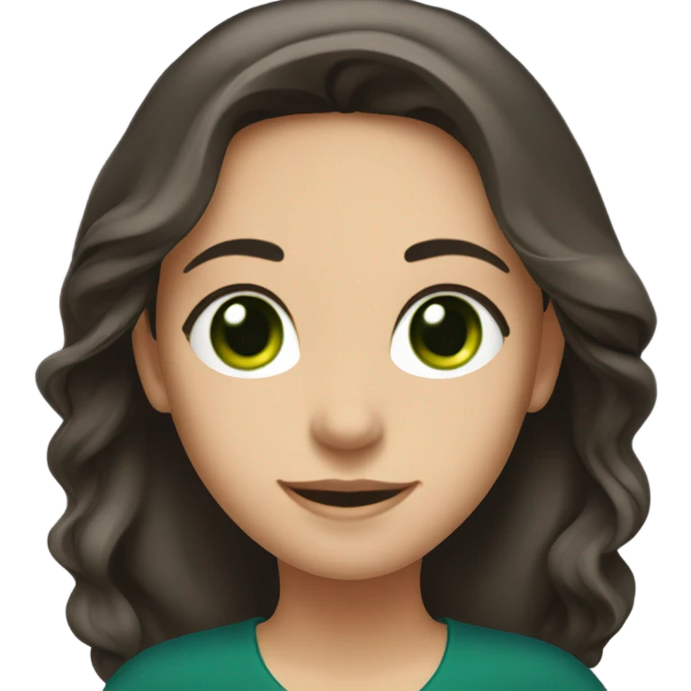 a brunette with long hair and green eyes in a dark blue blouse smiles sweetly emoji