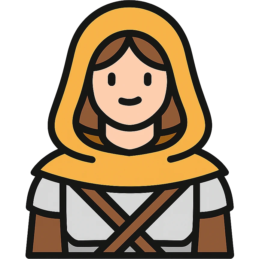 medieval hooded explorer with brown hair, no beard, wearing light armor, chest up view emoji
