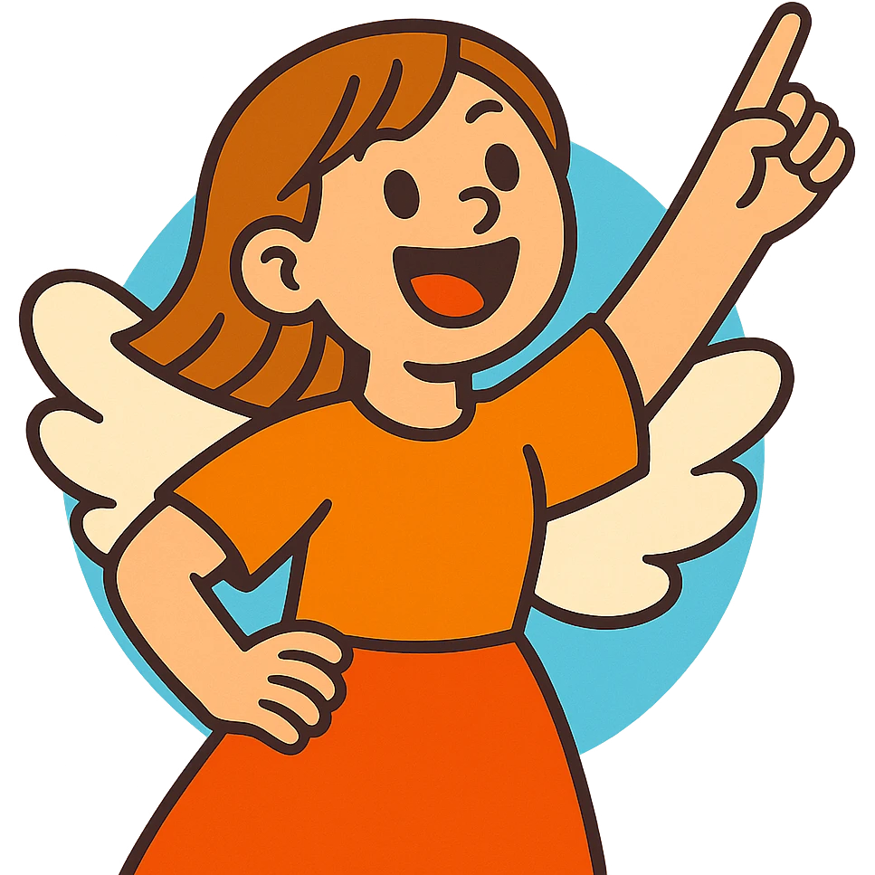 girl with light brown shoulder-length hair and white wings joyfully pointing to the sky emoji