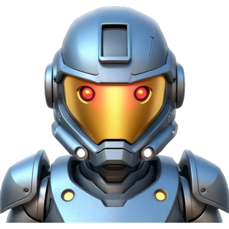 futuristic war robot portrait, head and shoulders only, glowing eyes, detailed helmet faceplate, armor collar, sci-fi metal textures, 3D cartoon, mobile game icon style, clean background, no text, no watermark
 emoji