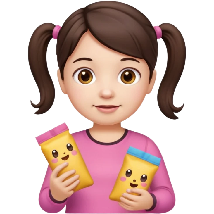 Cute small Toddler emoji with two pigtails dark brown hair, fair skin, in pink top, holding toddler snacks emoji