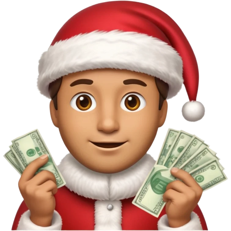 A confident rich emoji face wearing a Santa hat, money stacks, casino vibe, New Year theme, premium 3D emoji style, sharp details, no text, isolated on transparent background emoji