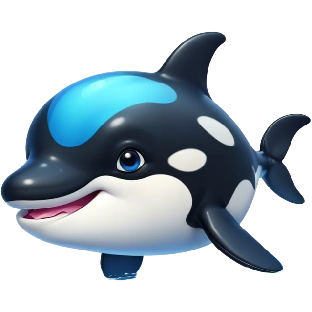 Cinematic Cute orca Portrait Emoji, Head tilted playfully and inquisitively, featuring a smoothly rounded body with bright, sparkling eyes and an adorable, friendly smile, Simplified yet irresistibly adorable features, highly detailed, glowing with a warm, ocean-blue glow, high shine, affectionate and lively, stylized with a touch of whimsical aquatic charm, soft glowing outline, capturing the essence of a mischievous yet endearing orca that seems as if it could leap right into your heart! emoji