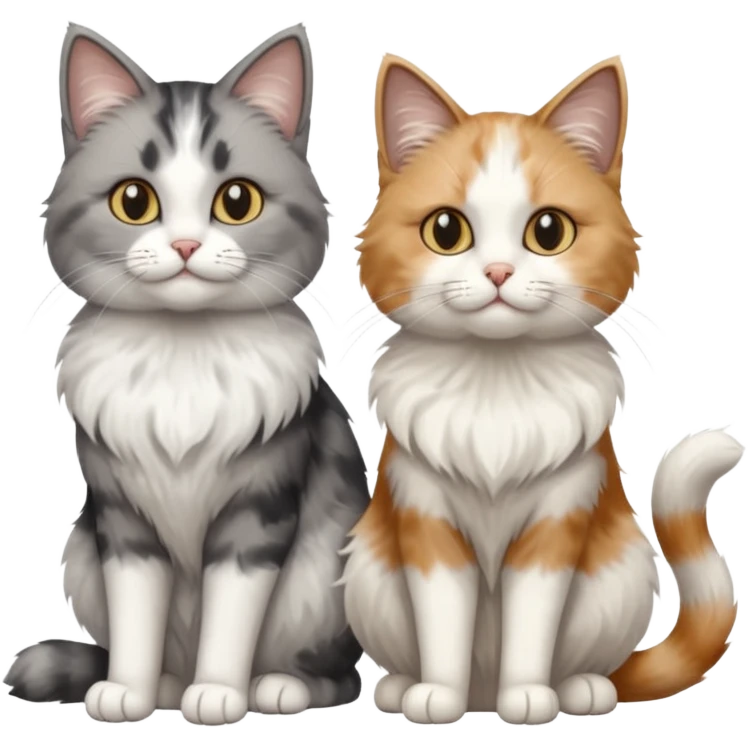 a realistic looking very fluffy grey and white cat sitting next to another cat emoji