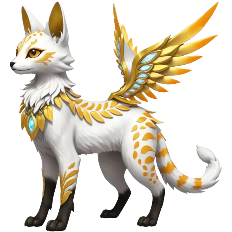 Epic complex fantasy glorious detailed futuristic divine godly angelic feathery sunny, white, albino, pastel, golden, orange glowing sparkly, realistic Fakémon-Sprigatito-Floragato-Meowscarada-Trico-Sergal-Serval-Solgaleo-Vernid-creature (full body) solarpunk, shiny sparkly with a gold laurel emoji