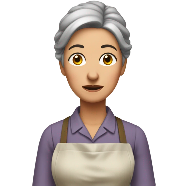 "A middle-aged woman with tired eyes, graying hair tied back, and a warm but worried look. She wears a simple dress with an apron in a modest kitchen." emoji