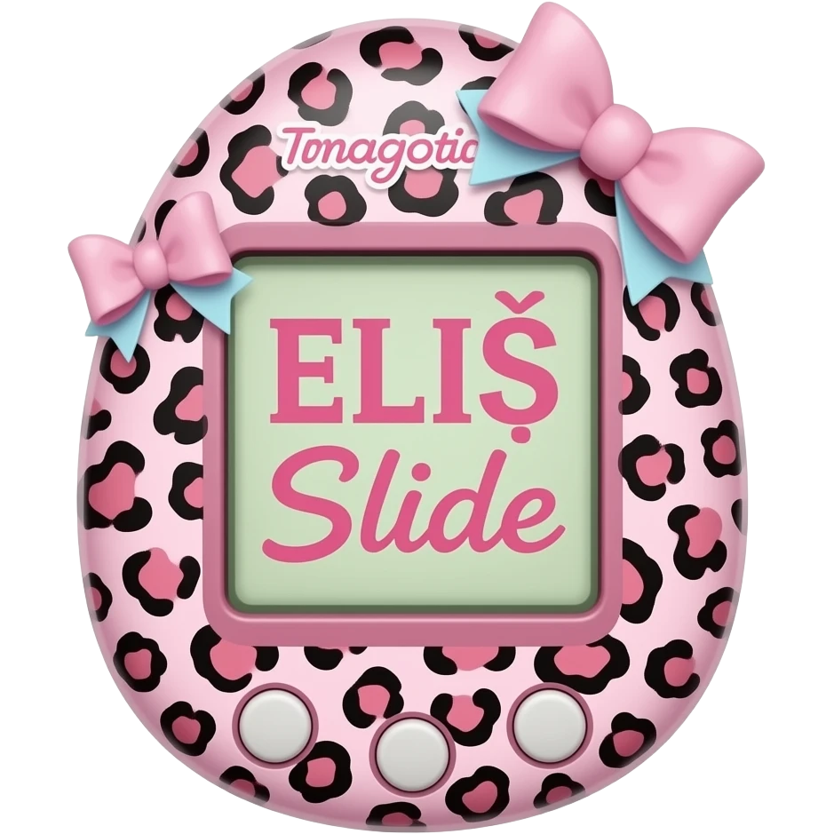 pink  cheetah print tamagotchi inside says ELIŚ Slide ,with bows emoji