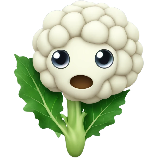 Cauliflower with cute big eyes holding a mirror, surrounded by leaves. emoji