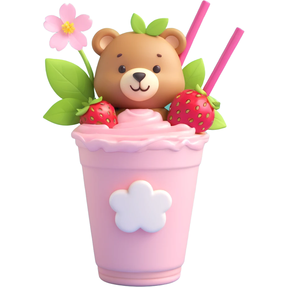 A strawberry milkshake cup with a straw, a cute bear peeking out, two strawberries with green leaves, and pink cherry blossom flowers, in 3D iOS style, pastel colors, soft shadows, clean and minimalistic design emoji