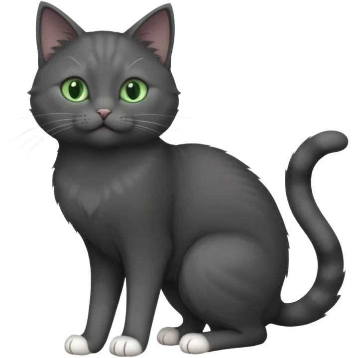 full body gorgeous solid dark grey cat with green eyes, white paws and white whiskers stretching like a cat emoji