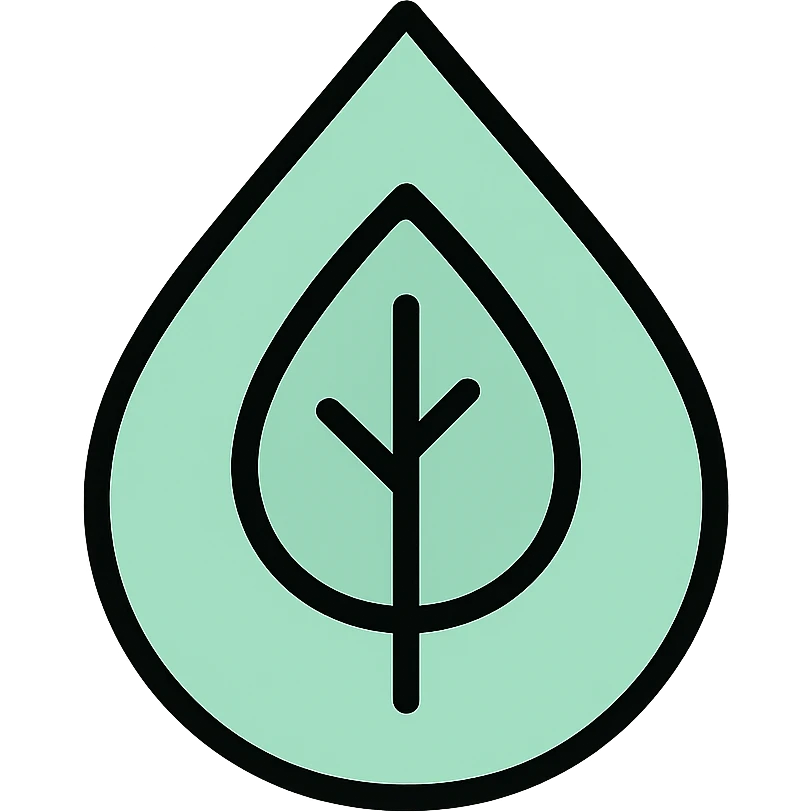 Skeuomorphic water conservation icon with mint green #B5F4D3 and black #111111 color scheme, showing a water droplet with leaf inside, clean symmetric design with subtle depth and soft light emoji