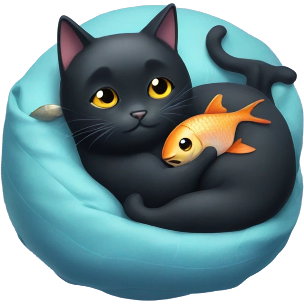 Black Cat snuggling with a fish friend emoji