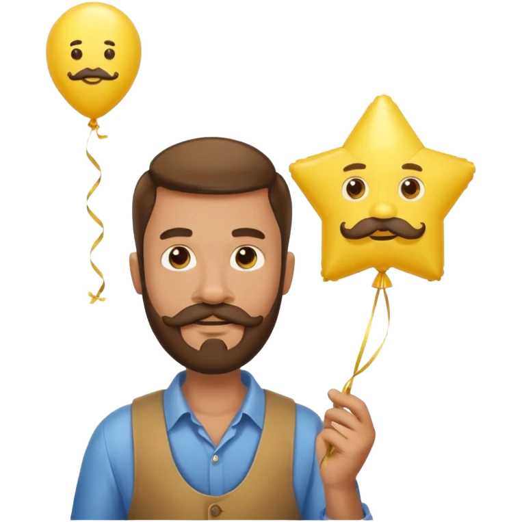 man with bead and mustache holding star yellow balloon emoji