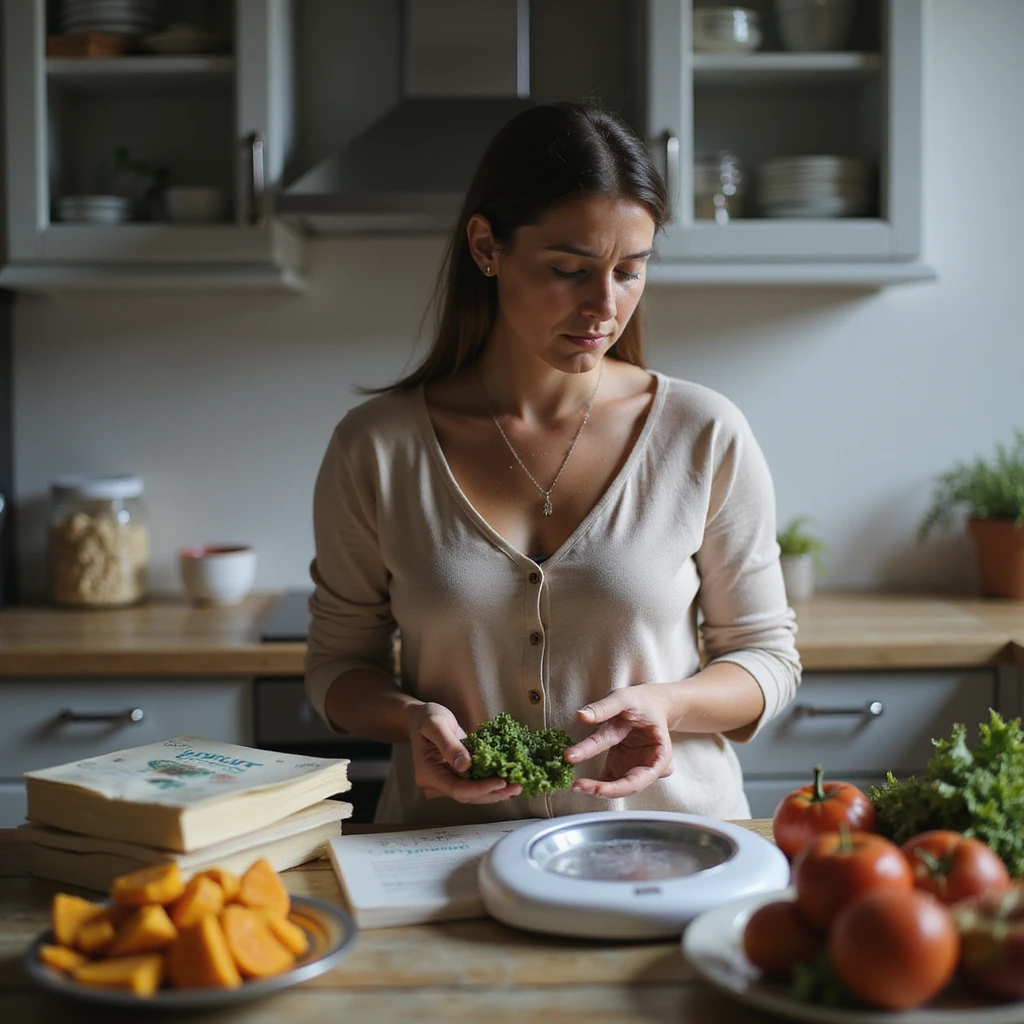 adult woman, photorealistic, ineffective diet, despondent expression, surrounded by diet books and healthy food, looking at kitchen scale, soft light, home background emoji
