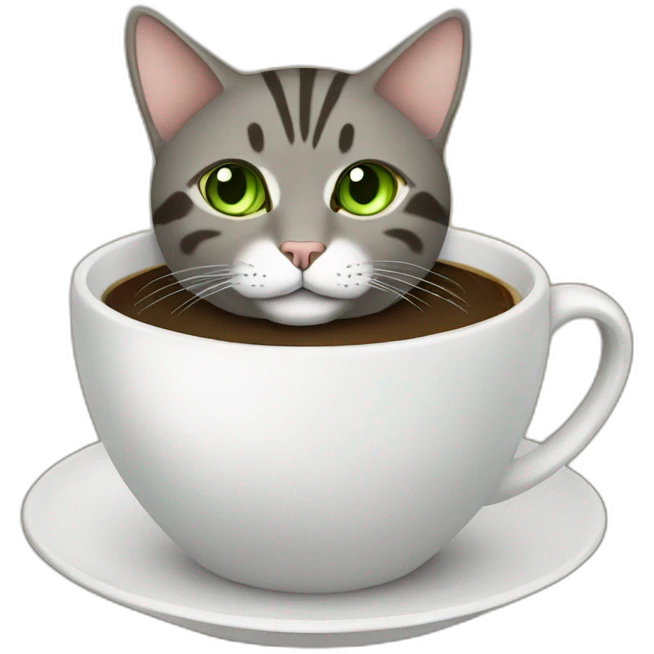 brown-gray cat with light green eyes in a cup of coffee emoji