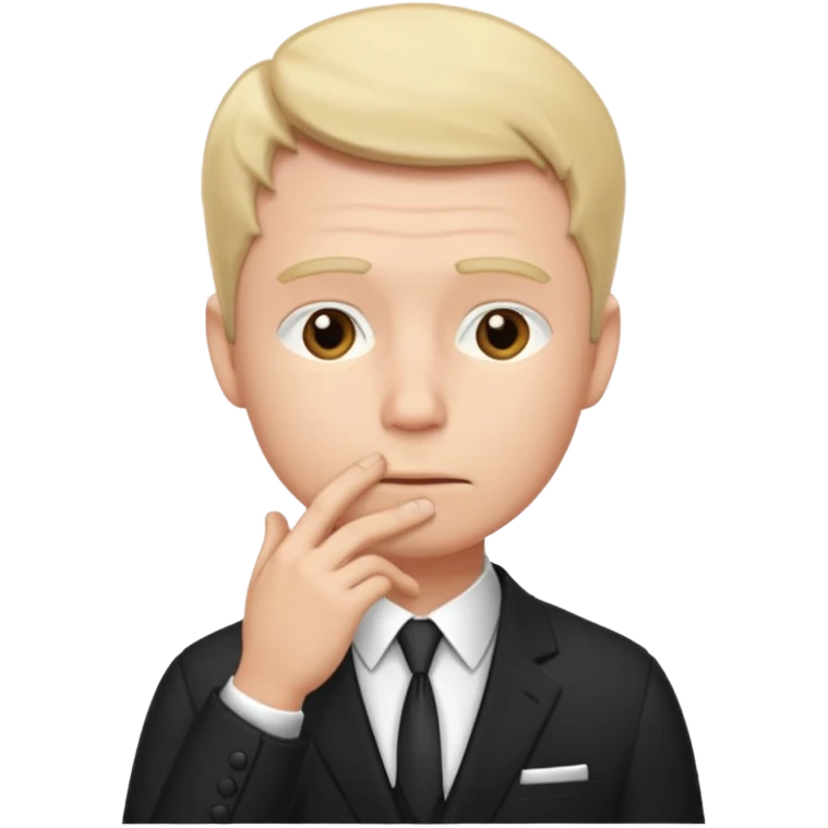 white man in formal suit thinking hard, hand to mouth emoji