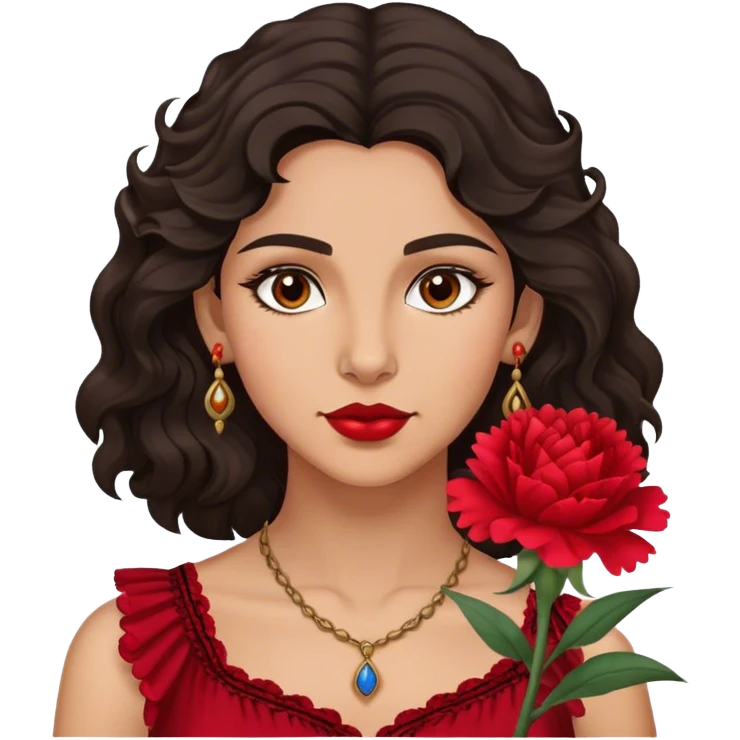 A Gypsy-origin woman with dark wavy hair, a single red carnation behind one ear, and a confident gaz emoji