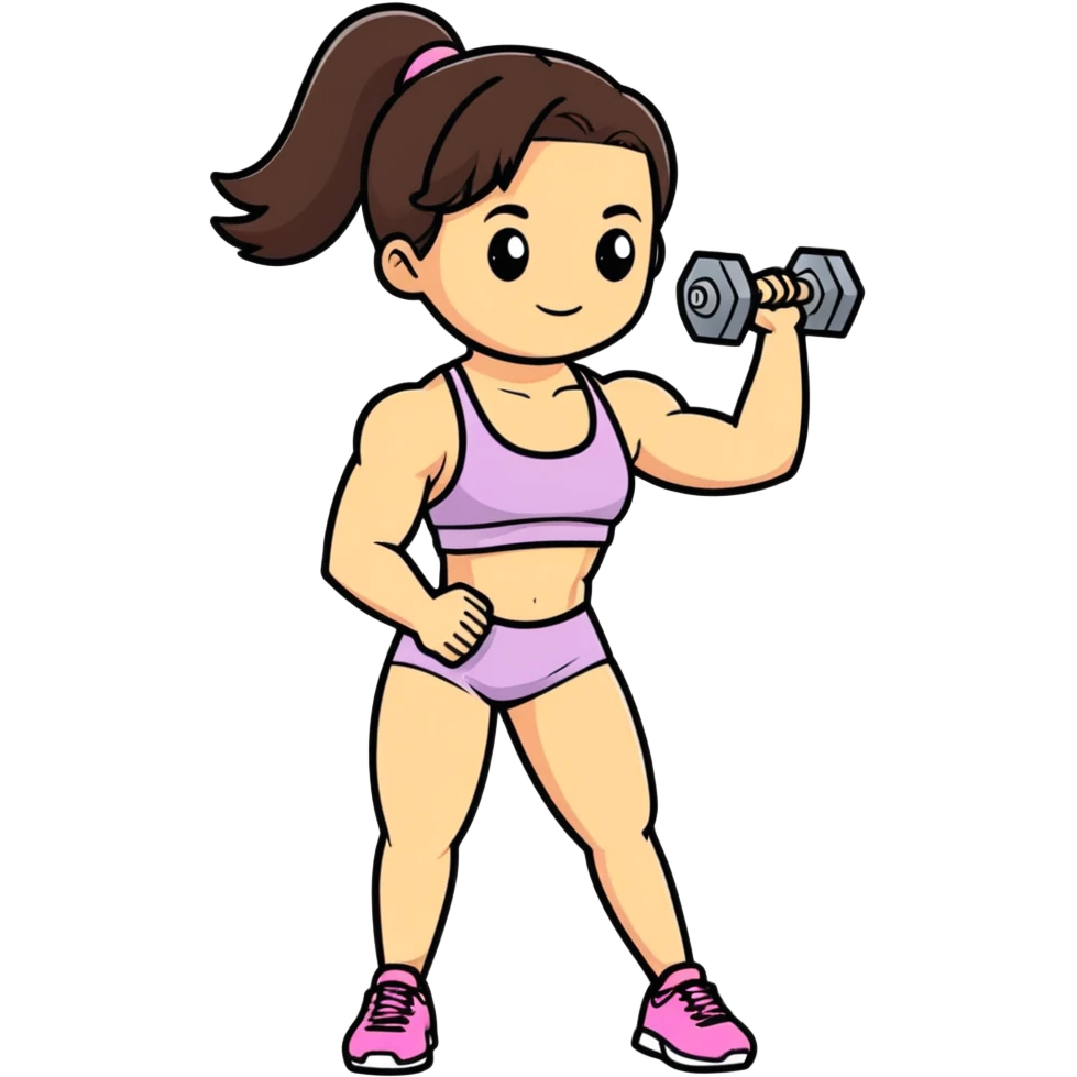 brunette girl in gym wear lifting a dumbbell, cartoonish sticker style emoji