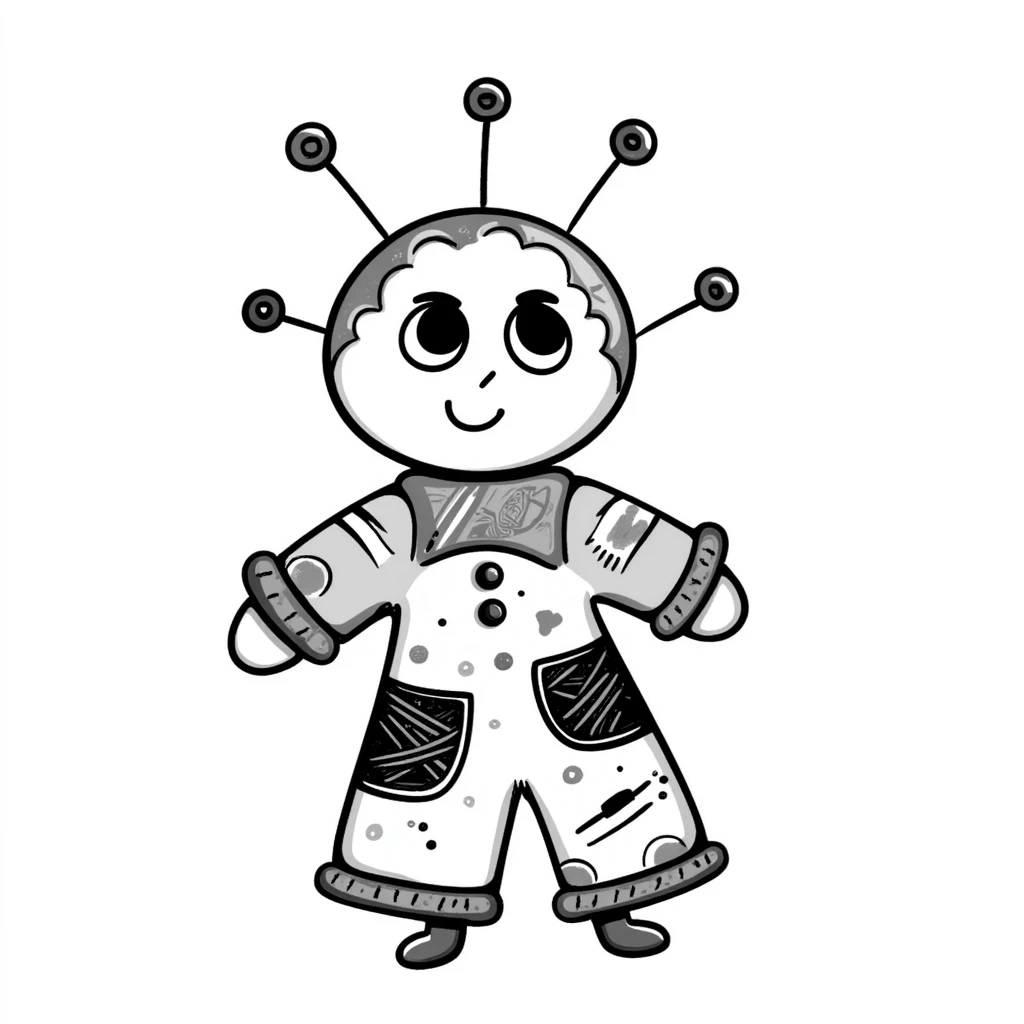 A hand-drawn colorful voodoo doll with stitches, multicolored fabric patches, big button eyes, and pins sticking out emoji