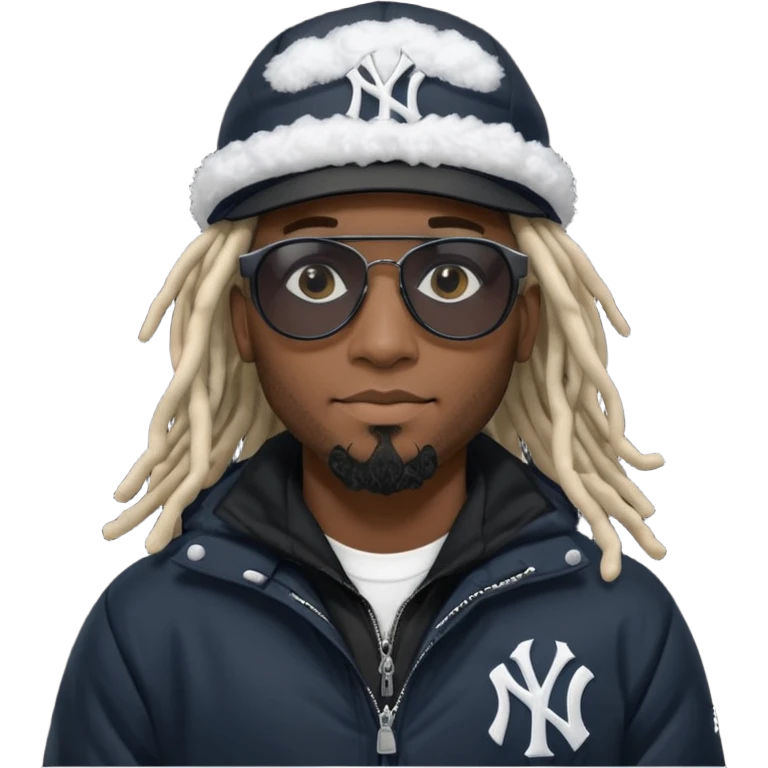 African American man with shoulder length dreadlocks and black sunglasses wearing a black New York Yankees baseball hat with a North Face bubble winter coat emoji