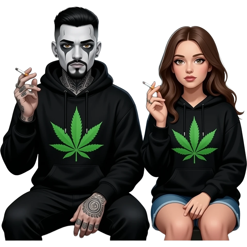 African Gothic man fand caucasion woman, both smoking a weed cigarette, wearing black hoodiess with a Marijuana leaf on each hoodie. Smoke coming from the cigarettes around them in the air. emoji