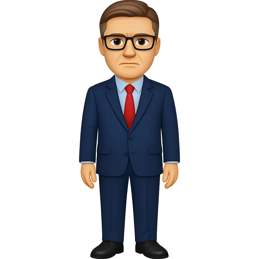 Create a full body figure of Keir Starmer standing with glasses, keeping the background transparent. Maintain the emoji style and appearance from the reference image. emoji