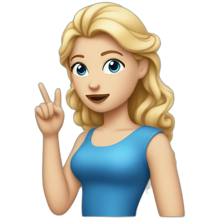 the white girl in the blue dress thinks with her finger to her lips. emoji