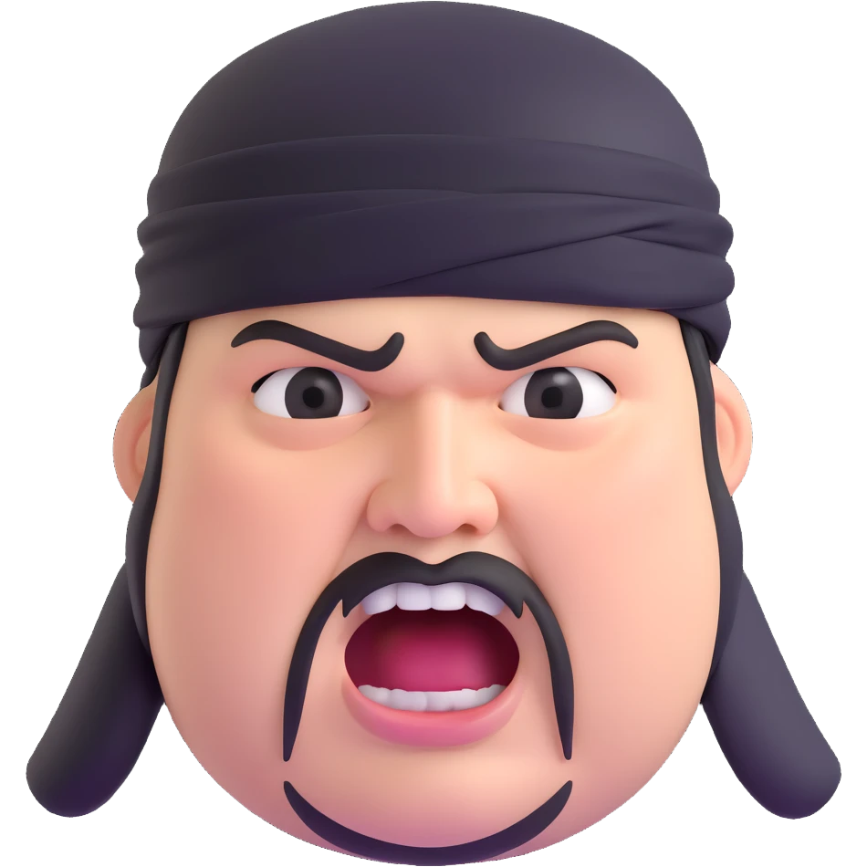 Super extreme tight close-up of just the face of morbidly obese white skin guy with young face, prominent BLACK DURAG tied clearly on head, black beard but no mustache, clean shaven upper lip, black eyes, mouth wide open screaming angrily emoji