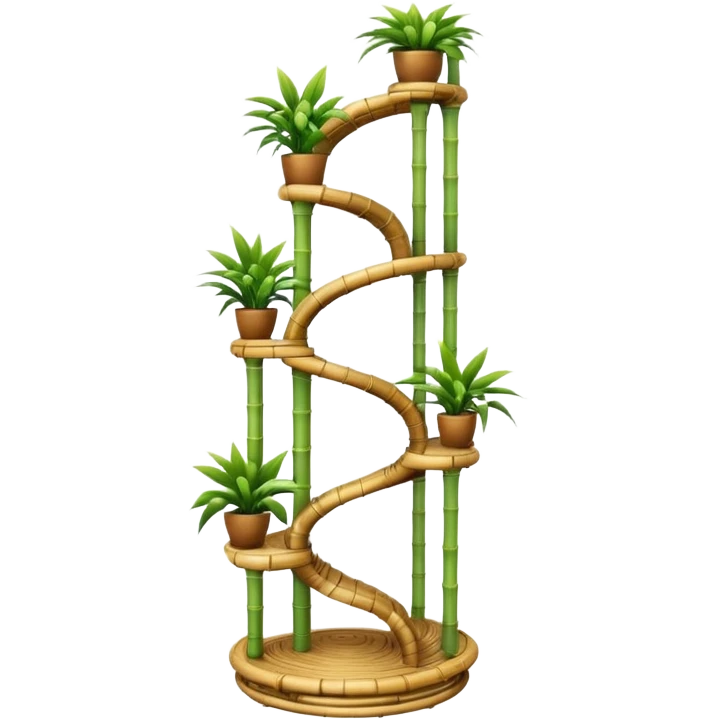 Large futuristic multi-tier multi-level spiral step plant rack constructed from thin bamboo poles  emoji