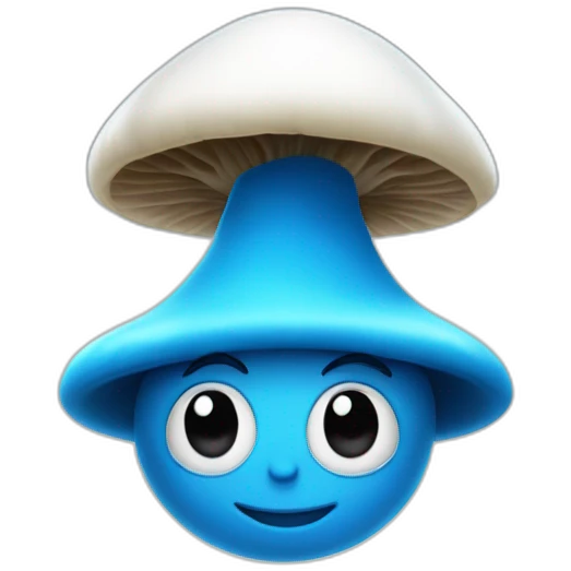 Blue smurf face with black eyes wearing a large white mushroom on his head casting a show on his face emoji