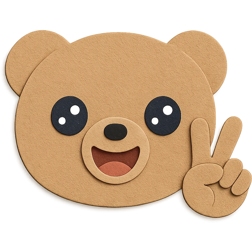 Create a head-only image of the cute bear with a peace sign hand gesture near the face. The bear's face (eyes, nose, mouth) must be exactly the same in color, shape, and features as the reference image. All other bear features and colors remain unchanged. Use the same paper craft visual effect. Clean lines, transparent background. emoji