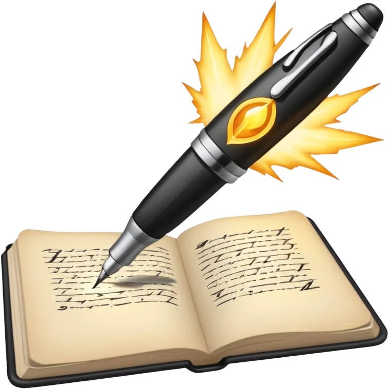 pen writing on a page with a glowing spark emoji