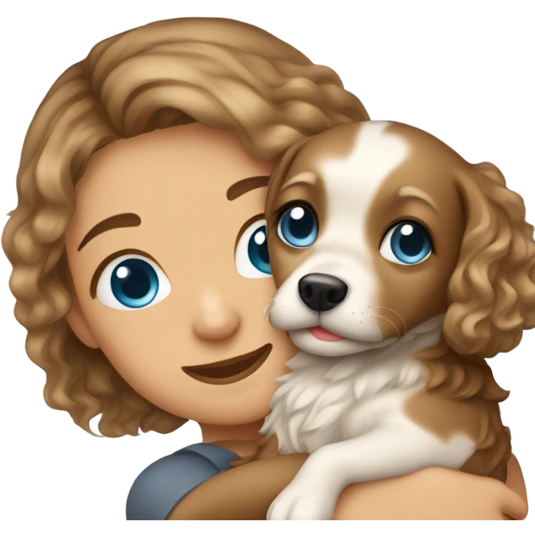Please create a girl who hugs her pet doggie. The girl has a cute face and so does the doggie. The girl has light skin, blue eyes and light wavy long hair. emoji