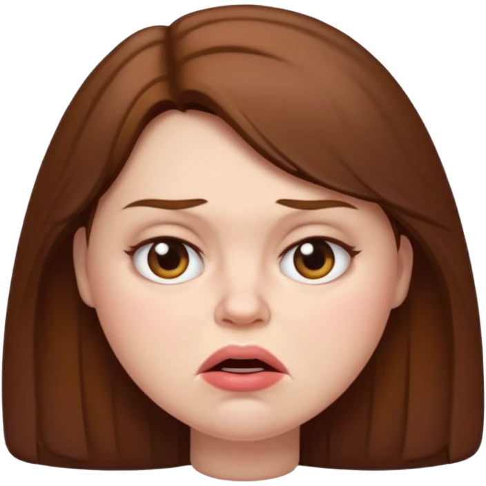 a grumpy brown-haired woman with plump tits and a plump mouth emoji