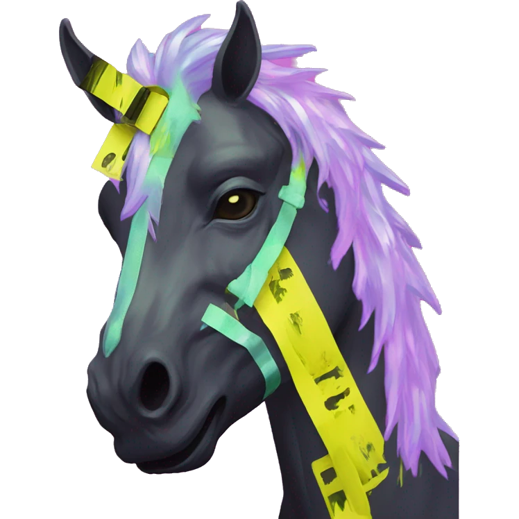 .Zombie_ Vaporwave black holographic oilslick zombie unicorn yellow caution tape graffiti Pegasus  emoji