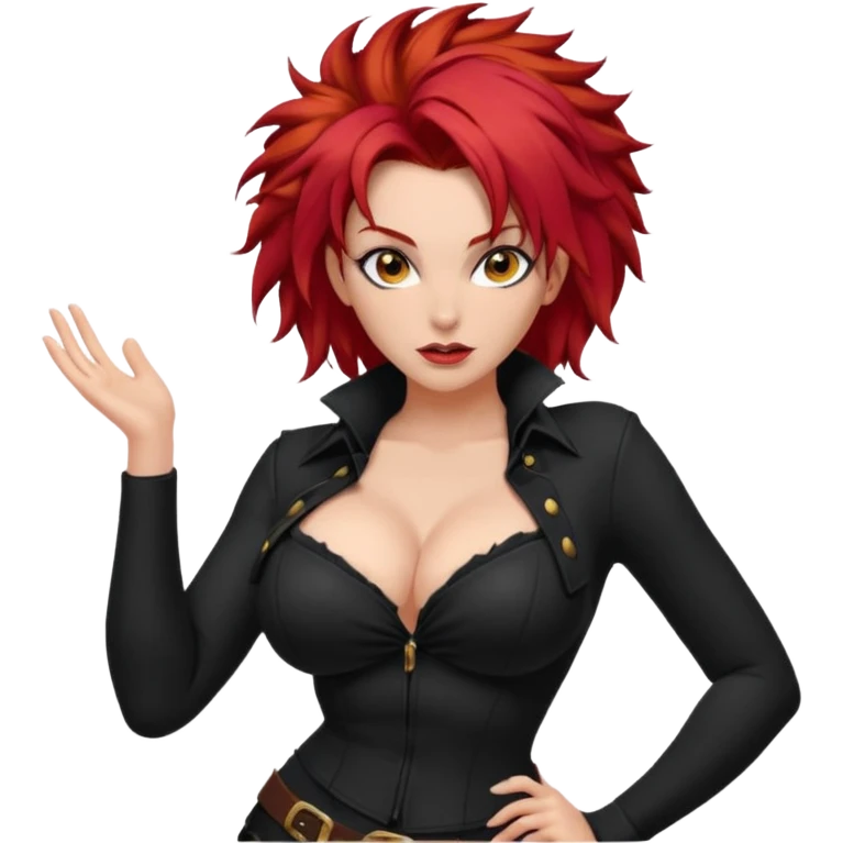 Adult female, red hair, large breasts, wild hairstyle, untamed bold expression, dynamic pose, slightly provocative outfit, primal confident vibe, fully distinct silhouette emoji